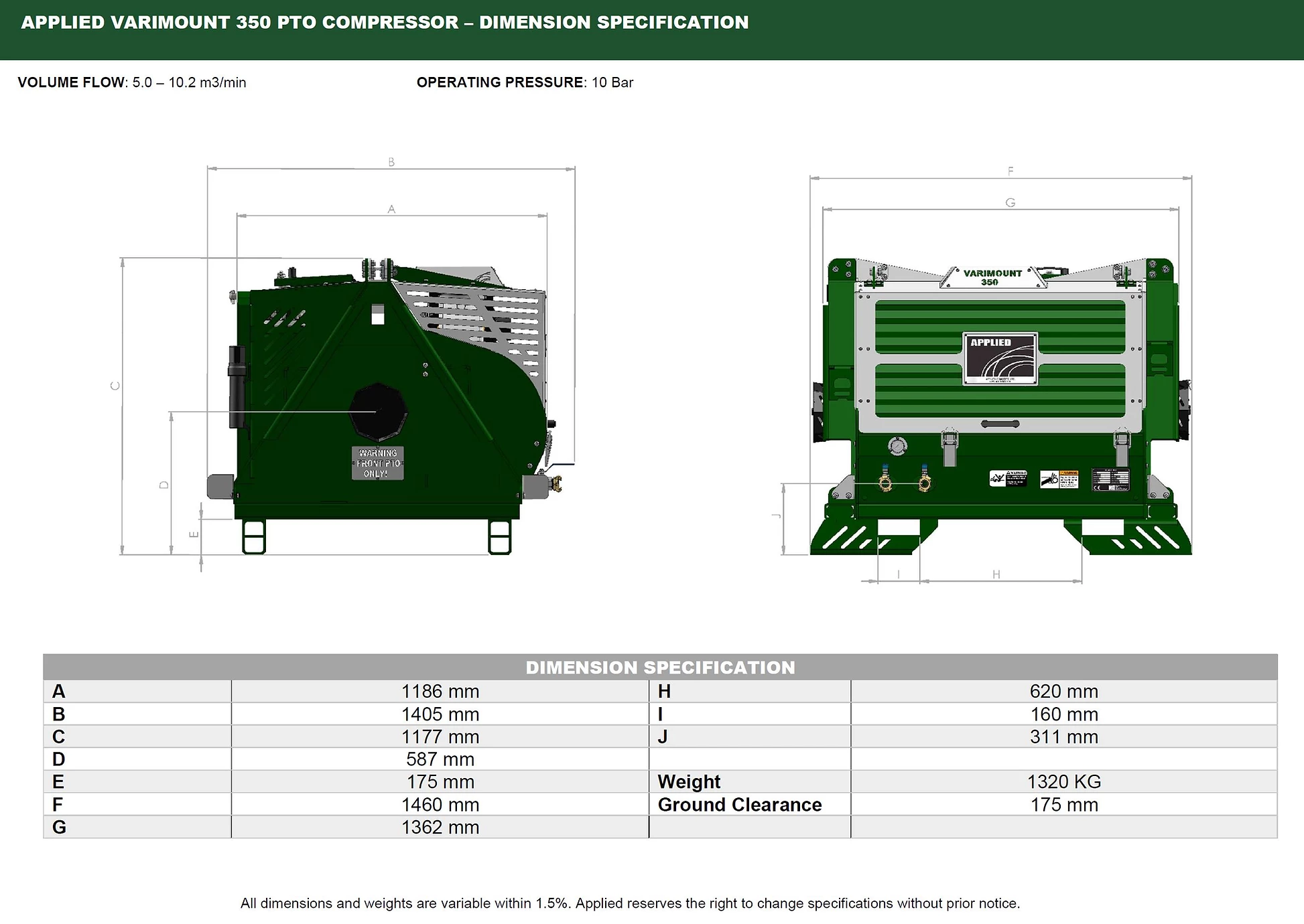 The dimension specifications of the Varimount 350 PTO Compressor